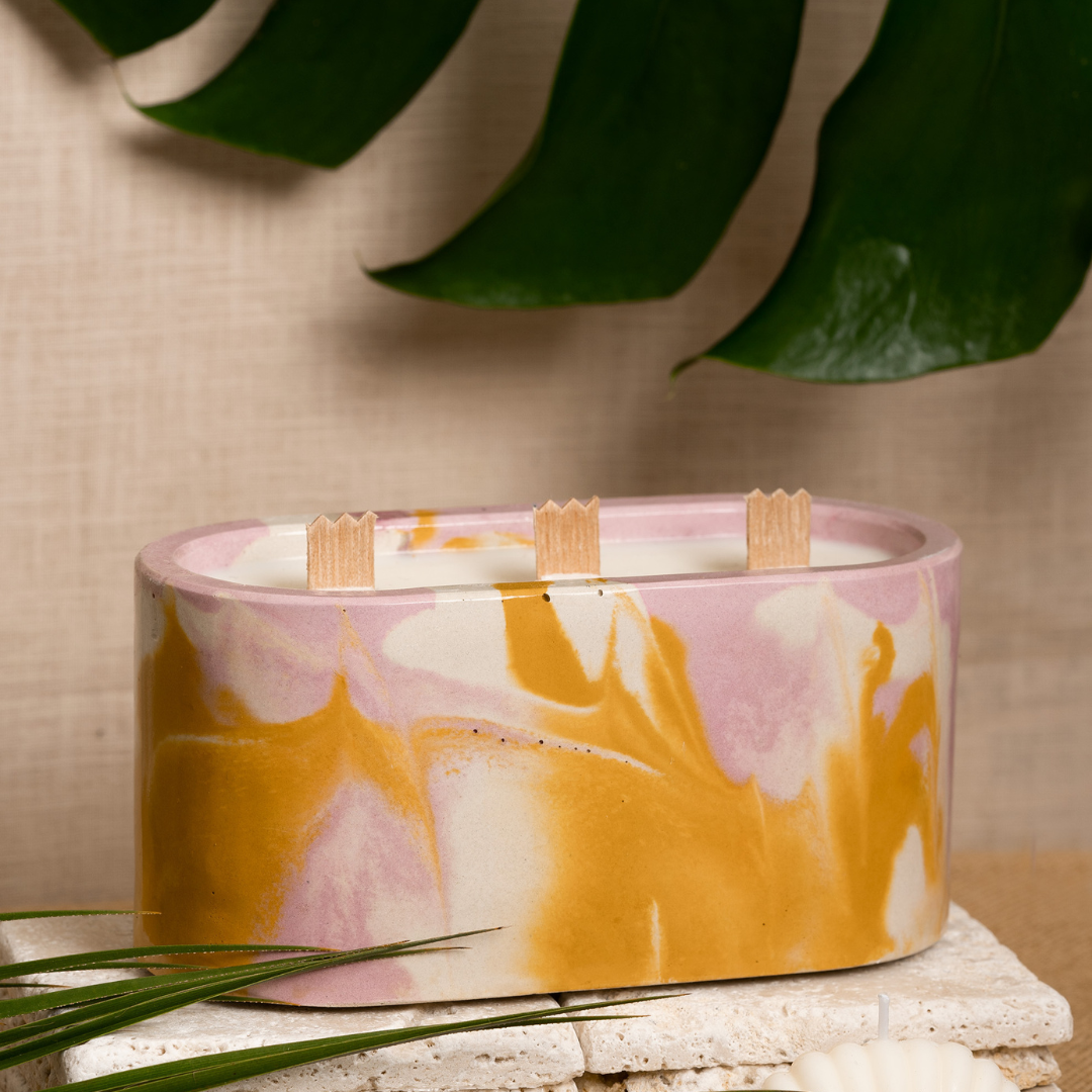 Bougie 3 mèches Tie&Dye - Béton Rose et Jaune