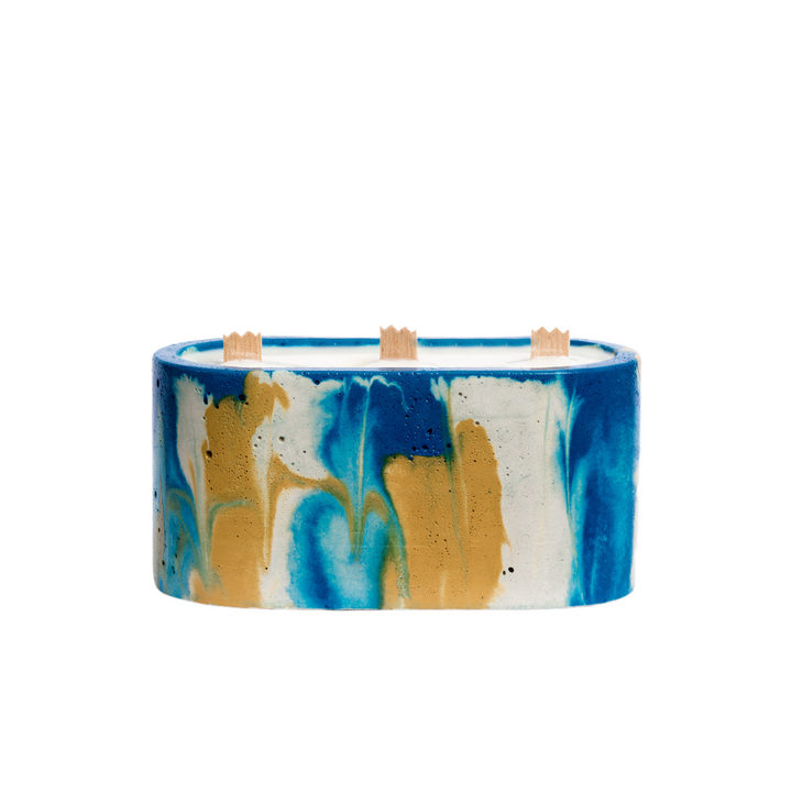 Bougie 3 mèches Tie&Dye - Béton Jaune et Bleu Pétrole