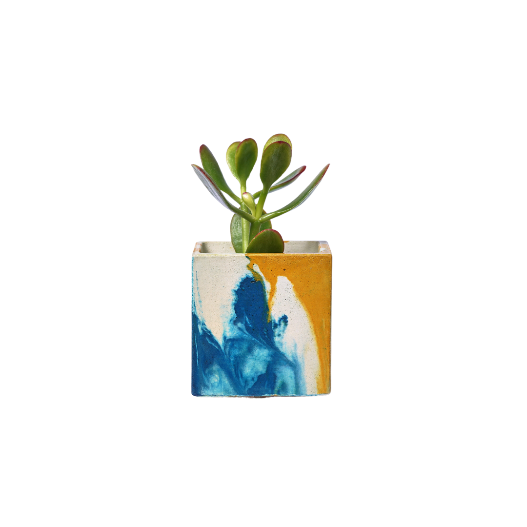 Mini pot de plante Tie&Dye - Béton Bleu Pétrole et Jaune