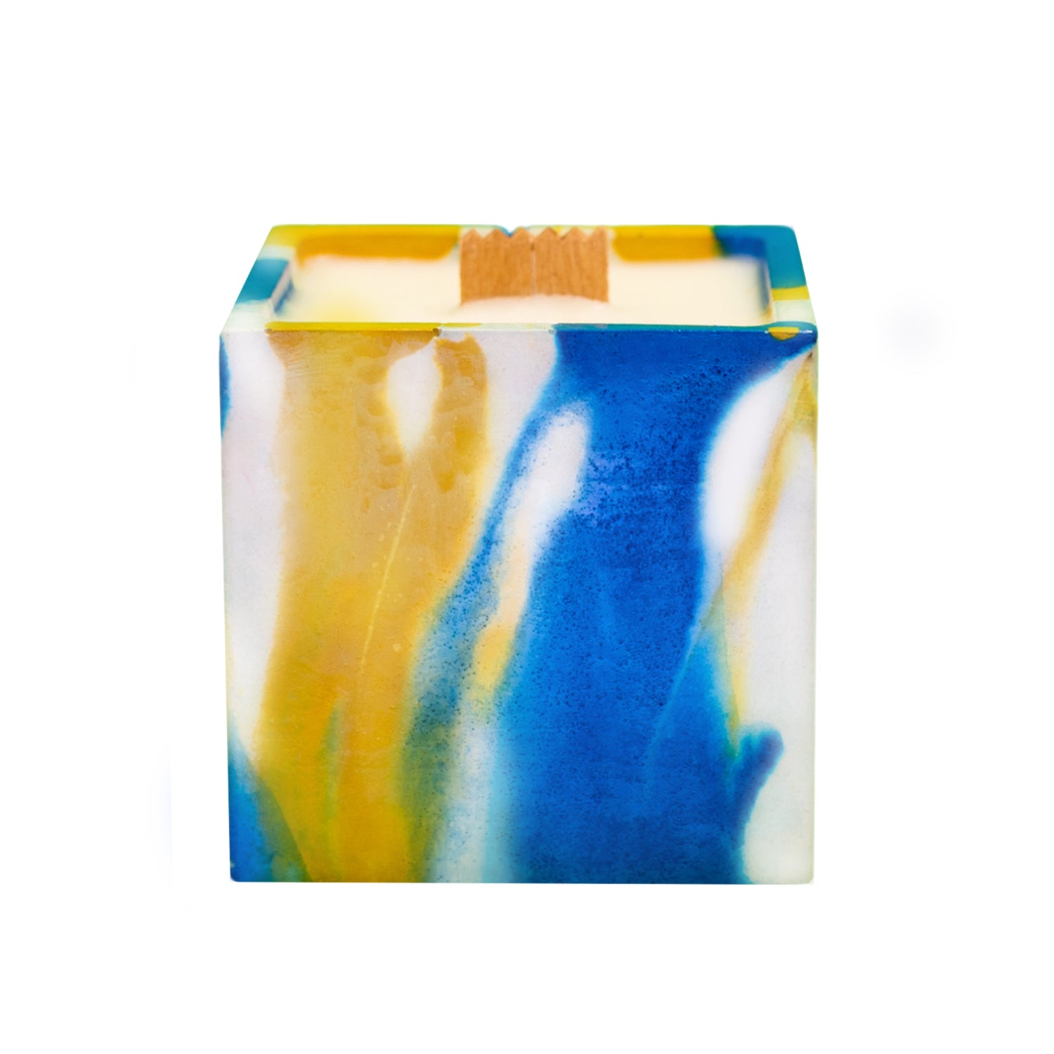 Bougie cube xxl - Béton Tie&Dye jaune et bleu